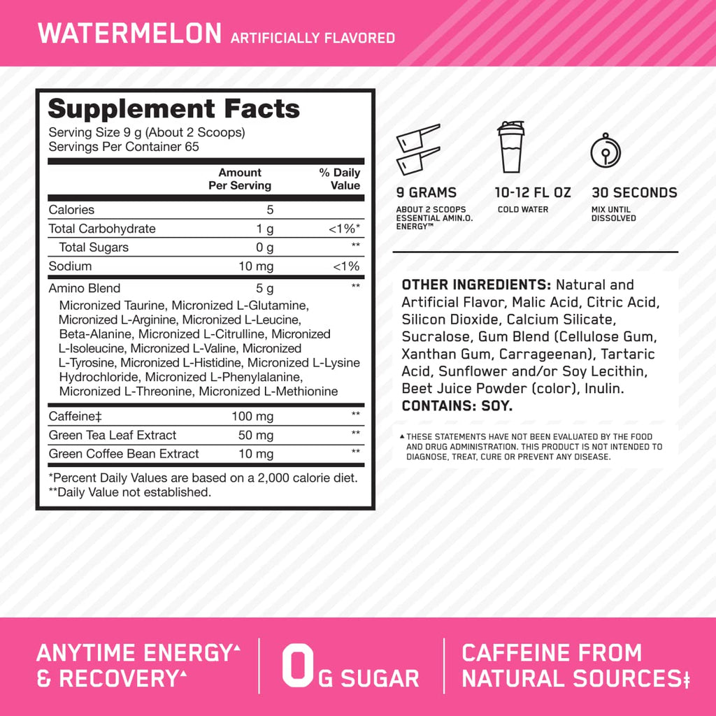 Optimum Nutrition, Amino Energy - Pre Workout with Green Tea, Bcaa, Amino Acids, Keto Friendly, Green Coffee Extract, Energy Powder - Concord Grape, 65 Servings