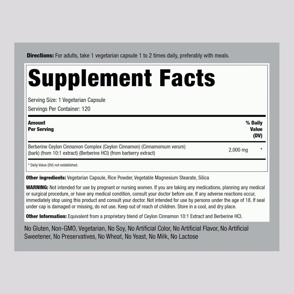 Piping Rock Berberine HCI Ceylon Cinnamon Complex | 120 Capsules | Herbal Extract Supplement | Vegetarian, Non-GMO & Gluten Free Formula