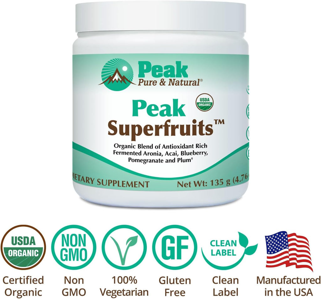 Peak Organic Superfruits - Polyphenol Rich Superfood Powder - Non-GMO Fermented Aronia Berry, Acai, Blueberry, Pomegranate, and Plum - Aging, Metabolic Health, Heart Health (30 Servings)