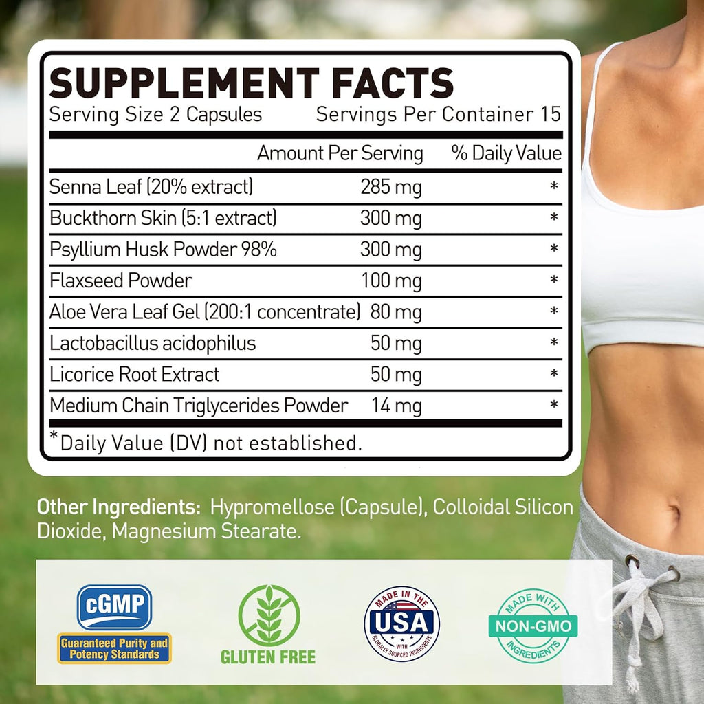 Super Colon Cleanse Detox Supplement with Senna Leaf, Psyllium Husk & Probiotics – Supports Bloating Relief & Gut Health, 30 Capsules (15 Servings)