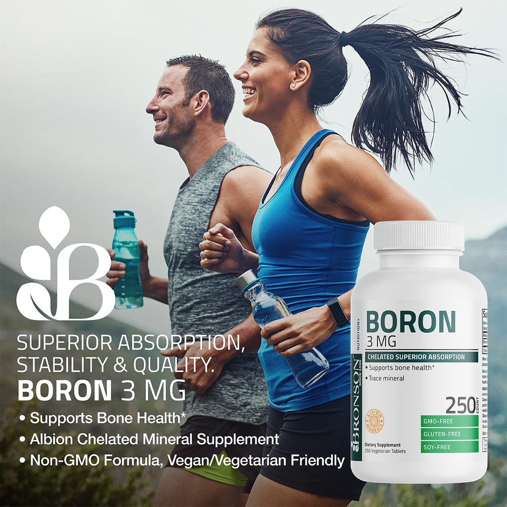 Bronson Boron 3 MG Chelated Superior Absorption Supports Bone Health Trace Mineral, Non-GMO, 250 Vegetarian Tablets