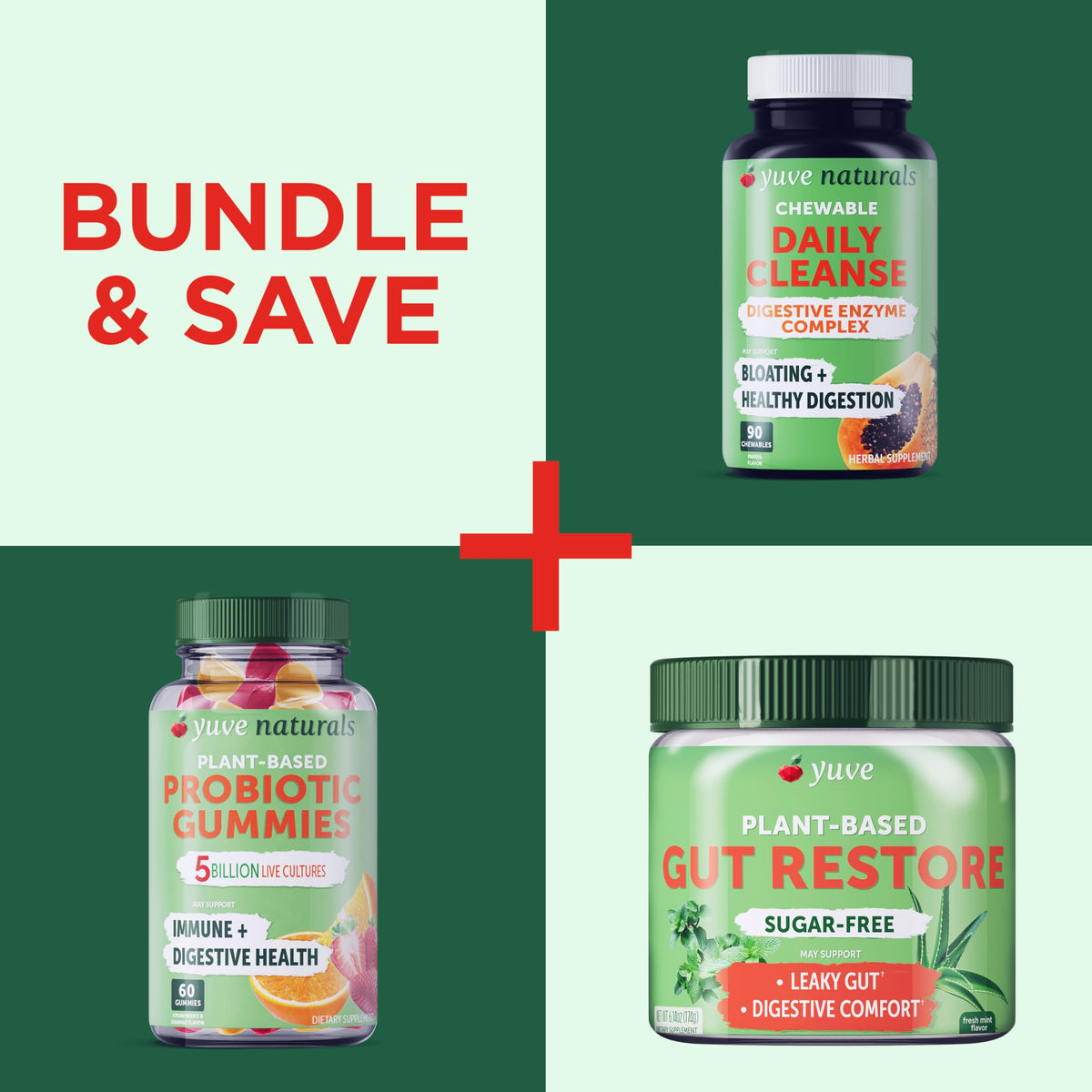 Yuve Natural Sugar Free Probiotic Gummies 5 Billion CFU, Helps with Constipation, Bloating & Leaky Gut - Vegan, Gluten-Free & Non-GMO - 60ct