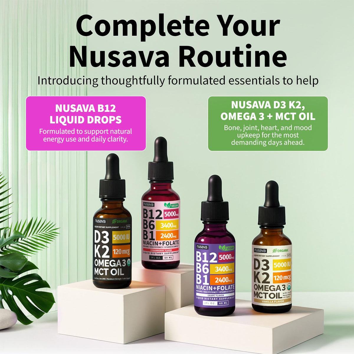 NUSAVA (2 Pack) Vitamin B12 Liquid Drops with B6, B1, Niacin & Folate — B12 Sublingual Vitamin B Complex, Methylcobalamin 5000 mcg, for Energy, Brain & Heart Support, Raspberry Flavor, 80 Servings