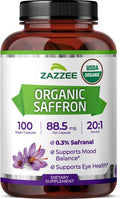 Zazzee USDA Organic Saffron 20:1 Extract, 88.5 mg, 0.3% Safranal, 100 Vegan Capsules, 3+ Month Supply, Concentrated and Standardized 20X Extract, Non-GMO, All-Natural, Made in the USA