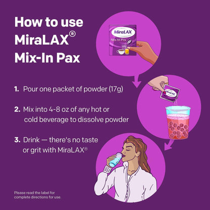 MiraLAX Laxative Powder for Gentle Constipation Relief for Adults, Stool Softener with PEG 3350, Nonstimulant Laxative, No Harsh Side Effects, Single Dose Mix-in Pax, Travel Pack, 40 Doses