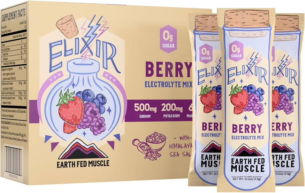 Earth Fed Muscle Elixir Electrolyte Powder Packets - Berry Flavor with Himalayan Sea Salt - Sugar Free, Stevia Sweetened - 3X Electrolytes - 30 Single Serve Hydration Drink Mix Sticks