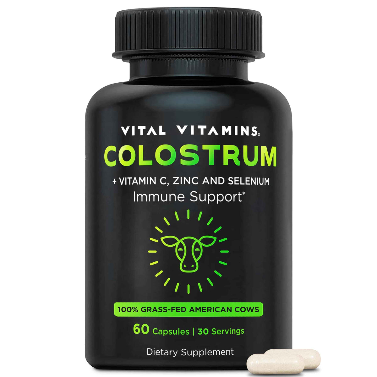 Vital Vitamins Colostrum Supplement - Vitamin C, Zinc, & Selenium - from First Milking - Standardized to Contain 10% IgG Immunoglobulins - Grass-Fed American Cows - 60 Capsules