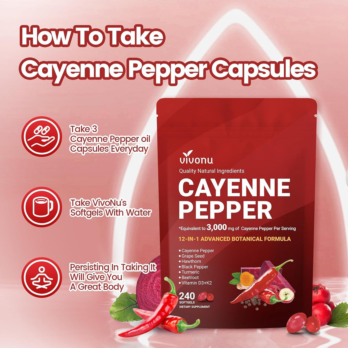 Cayenne Pepper Softgels Supplement, Supports Leg Vein, Heart and Blood Vessel Health, with Vitamin E D3+K2 and Extracts of Grape Seed, Hawthorn, Beetroot, Berberine and Others (Softgels / 2 Bag)
