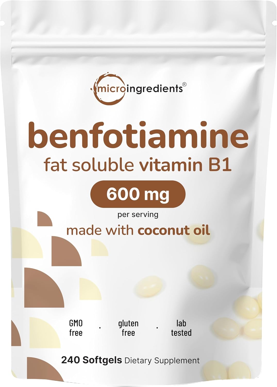 Vitamin B1 Benfotiamine 600mg Per Serving, 240 Coconut Oil Softgels | Bioavailable B Vitamins Supplement, Converted to Active Thiamine | Non-GMO, Soy Free