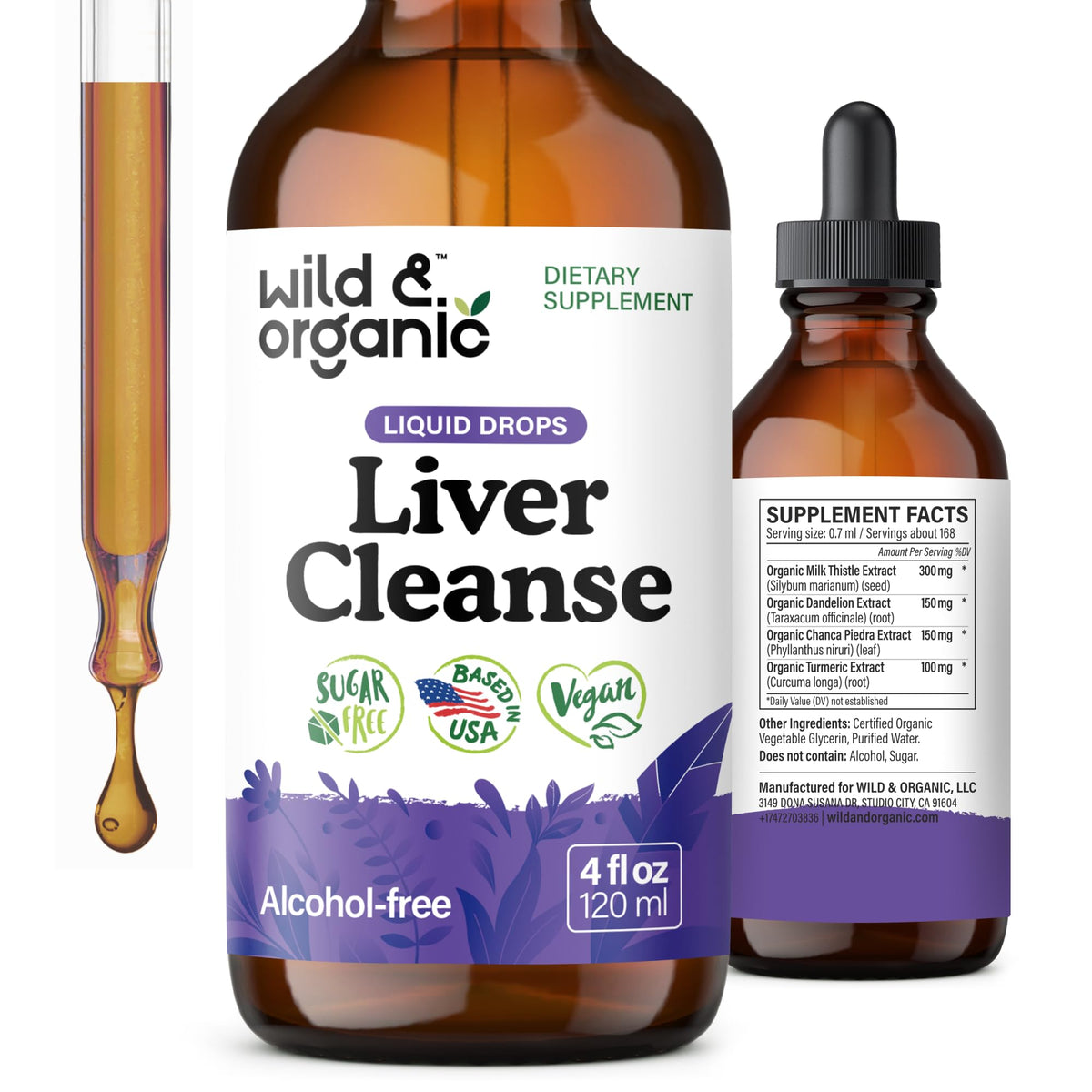 Wild & Organic Liver Cleanse Detox Tincture - Milk Thistle, Dandelion Root Herbal Complex - Liquid Liver Support Supplement - Vegan, Sugar & Alcohol-Free Milk Thistle Drops - 4 fl oz