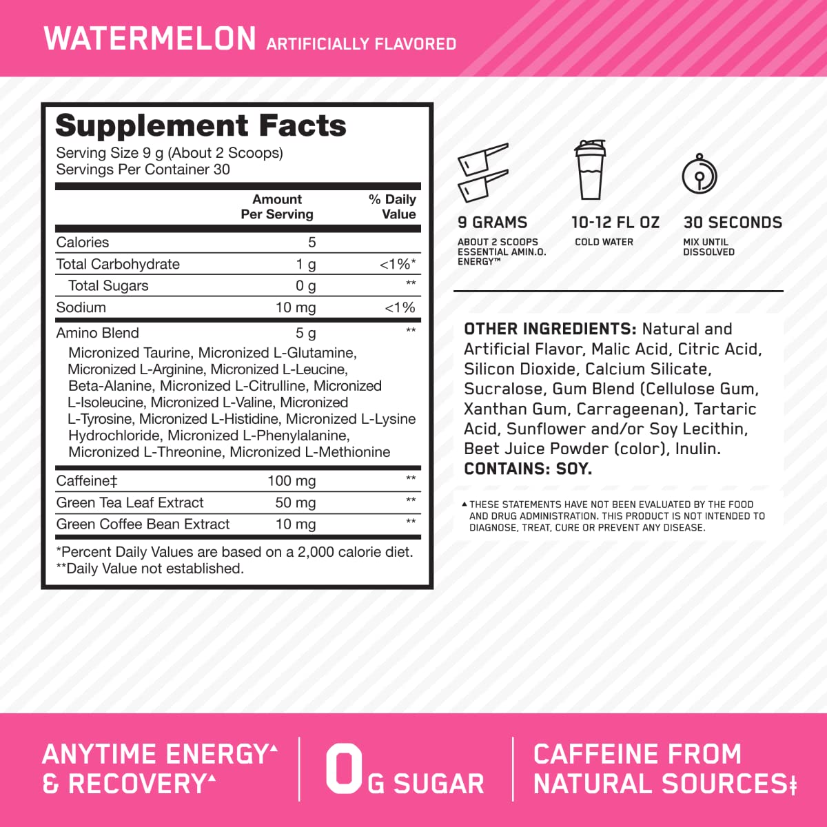 Optimum Nutrition, Amino Energy - Pre Workout with Green Tea, Bcaa, Amino Acids, Keto Friendly, Green Coffee Extract, Energy Powder - Concord Grape, 65 Servings