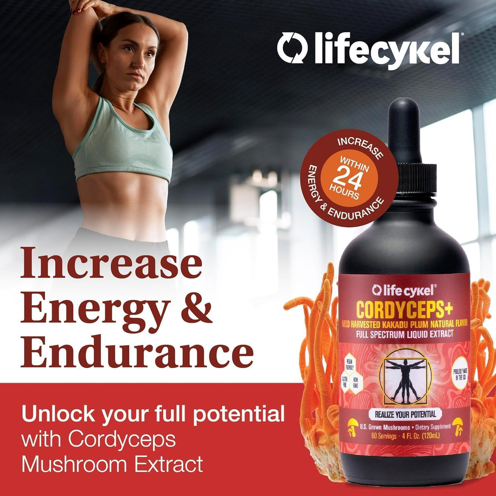 Life Cykel Cordyceps +Lion's Mane Extract Performance Pack - Organic Mushroom Supplement for Energy, Focus & Mental Clarity - USA Made, Pure & Potent Mushroom Liquid Drops for Adults