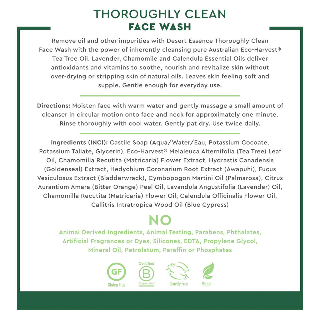 Desert Essence Tea Tree Face Wash 32 fl oz - Facial Cleanser with Natural Tea Tree Oil for Daily Use - Gentle Castile Formula for Sensitive and Oily Skin - Vegan and Cruelty-Free
