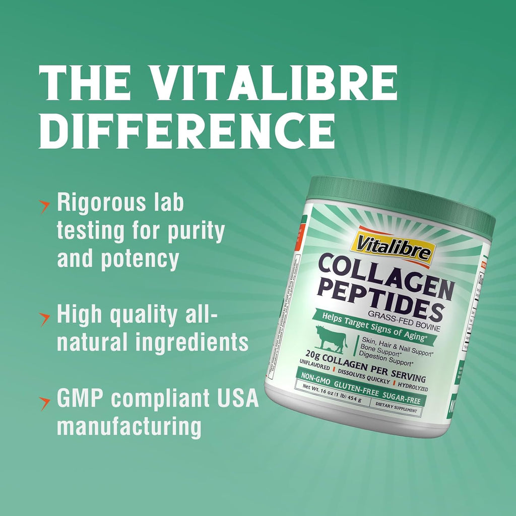 Vitalibre Bovine Collagen Peptides Powder for Women and Men, Grass-Fed Hydrolyzed Collagen Protein Type I & III, Skin, Hair, Nails, Bones, Digestion, Unflavored, Non-GMO, Keto & GF, 22 Servings, 16oz