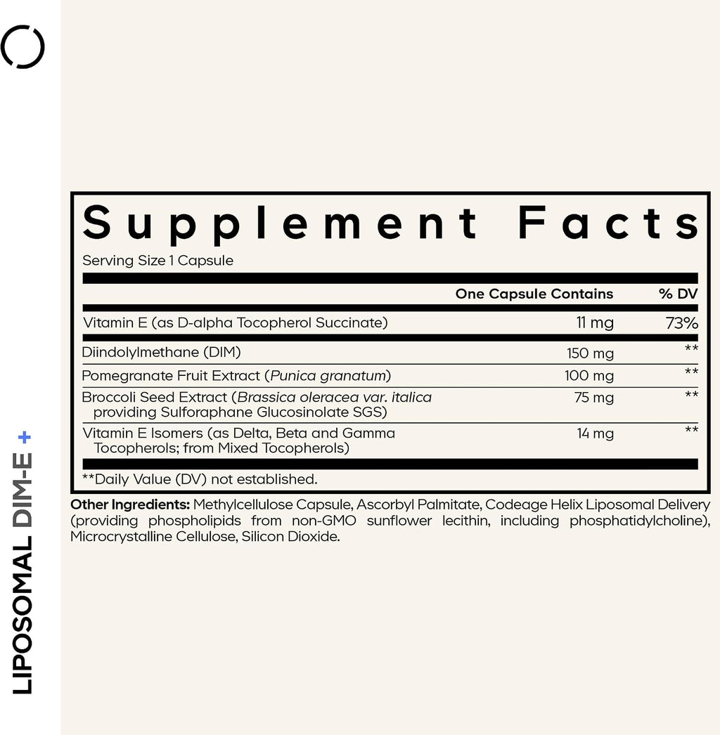 Codeage Liposomal DIM Supplement - 4 Months Supply of DIM Vitamins and SGS, Pomegranate, Broccoli, Vitamin E Isomers Tocopherols Alpha Beta Gamma Delta - Liposomal Formula - Gluten-Free - 120 Capsules