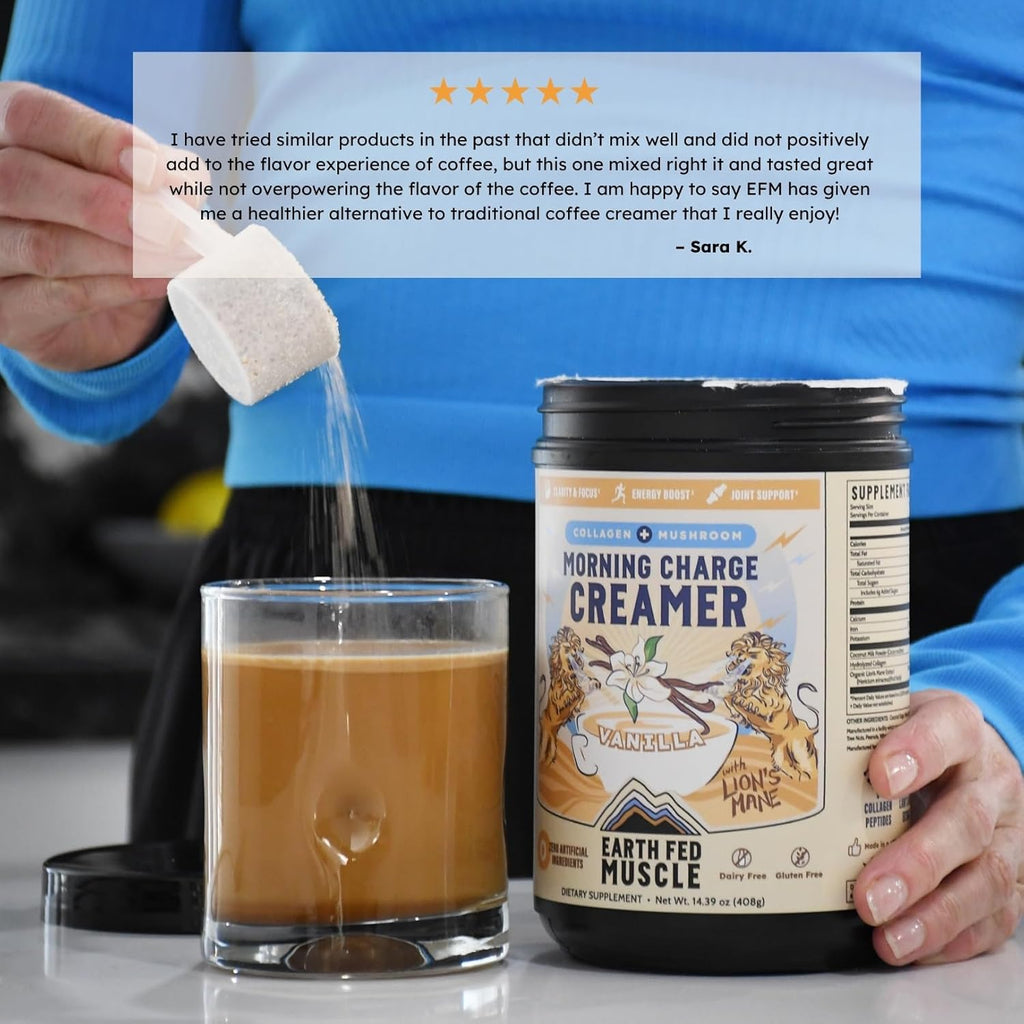 Earth Fed Muscle Vanilla Protein Coffee Creamer Powder, 24 Servings | Collagen Peptides, Lion's Mane, Coconut Milk, Non-Dairy, Morning Charge - Focus + Joint Support