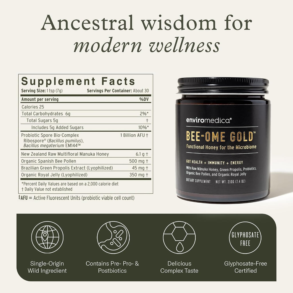 Bee-Ome Gold Raw Manuka Honey with Probiotics & Royal Jelly, 7.4oz | Unpasteurized raw Manuka honey with bee pollen & propolis. Functional superfood honey by Enviromedica. 7.4 oz.