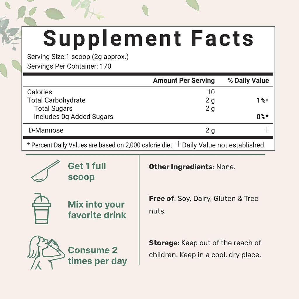 Micro Ingredients D Mannose Powder, Pure Mannose Supplement, Quick Water Soluble, Support Urinary Tract Cleanse & Bladder Health, Premium Mannose for Women and Men, Vegan Friendly.