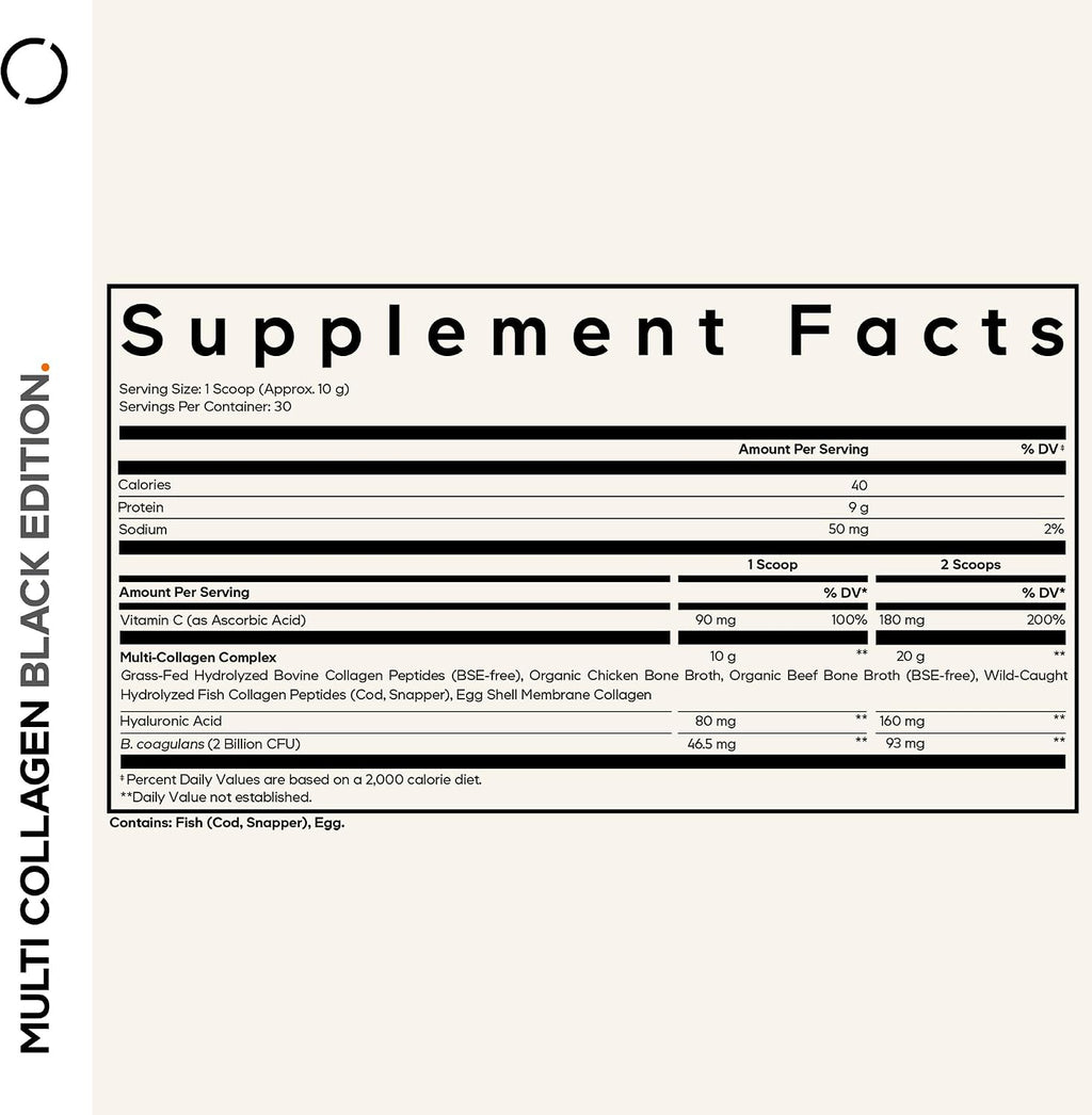 Codeage Multi Collagen Peptides Powder + Probiotics Black Edition, Vitamin C, Hyaluronic Acid Powder Supplement, Grass-Fed, Hydrolyzed, Zero Carbs, Type I, II, III, V & X, Unflavored, 10.58oz