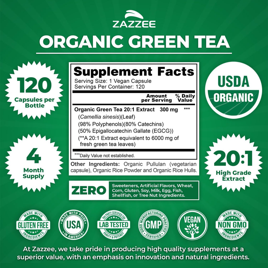 Zazzee USDA Organic Green Tea 20:1 Extract, 50% EGCG, 98% Polyphenols, 80% Catechins, 120 Vegan Capsules, 4 Month Supply, Antioxidant, Metabolism & Energy Support, Non-GMO, All-Natural, Made in USA
