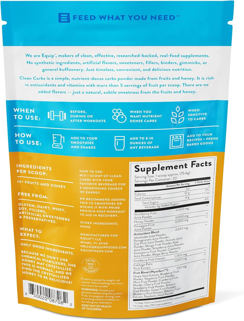 Equip Foods Clean Carbs - Sweet Potato Powder - Plant Based Pre Workout Carb Powder, Made from Dried Sweet Potatoes Vanilla Flavor - 1.7 Pounds
