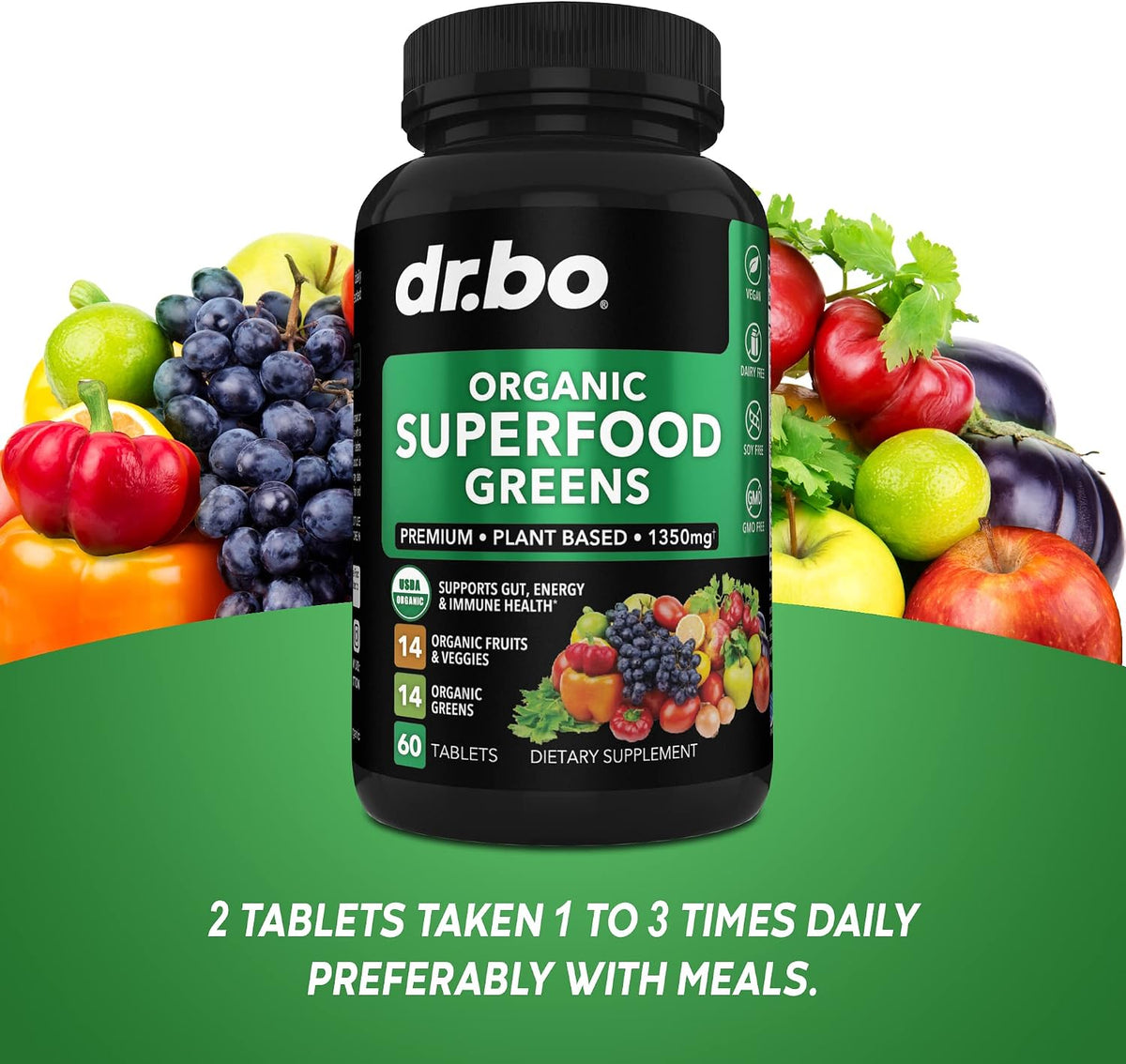 Organic Superfood Greens & Fruit Supplements - Energy Super Food Fruits and Veggies Supplement Tablets - Daily Green Veggie Powder Blend Plus Vegetable Foods Alfalfa, Spinach, Cabbage & Spirulina Tabs