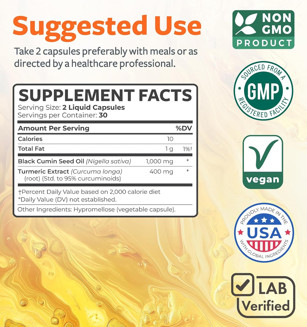 Cold-Pressed Black Seed Oil Capsules - Vegan Non-GMO Nigella Sativa Black Seed Oil Supplement with Turmeric Extract for Comfort Mobility & Immune Support - Curcuminoid & Thymoquinone-Rich (1 Month)