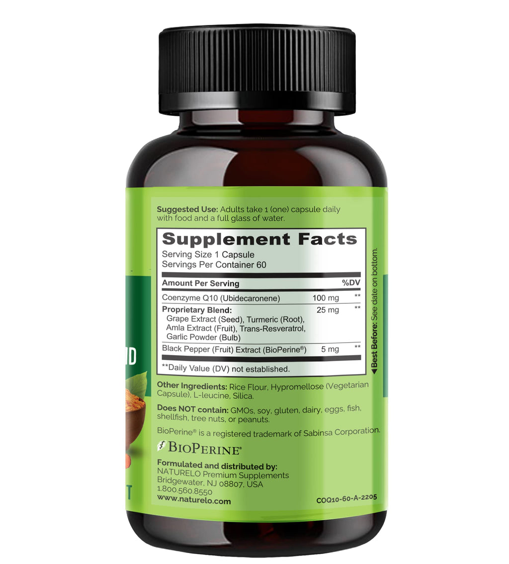 NATURELO Whole Food CoQ10 Supplement, 120 Veg Capsules, Heart Health Blend, Powerful Antioxidant, CoQ10 100mg Supports Energy Production