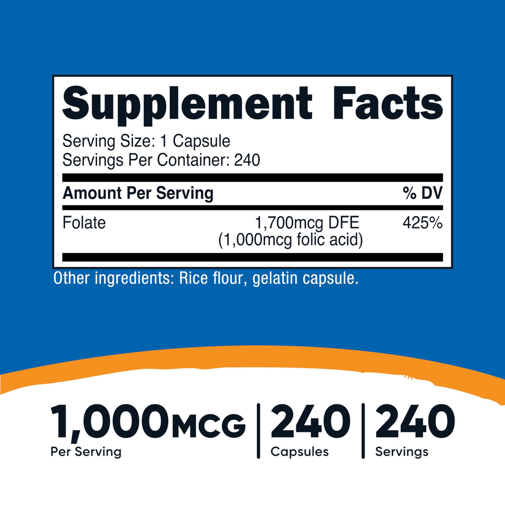 Nutricost Folic Acid (Vitamin B9) 1000 mcg, 240 Capsules