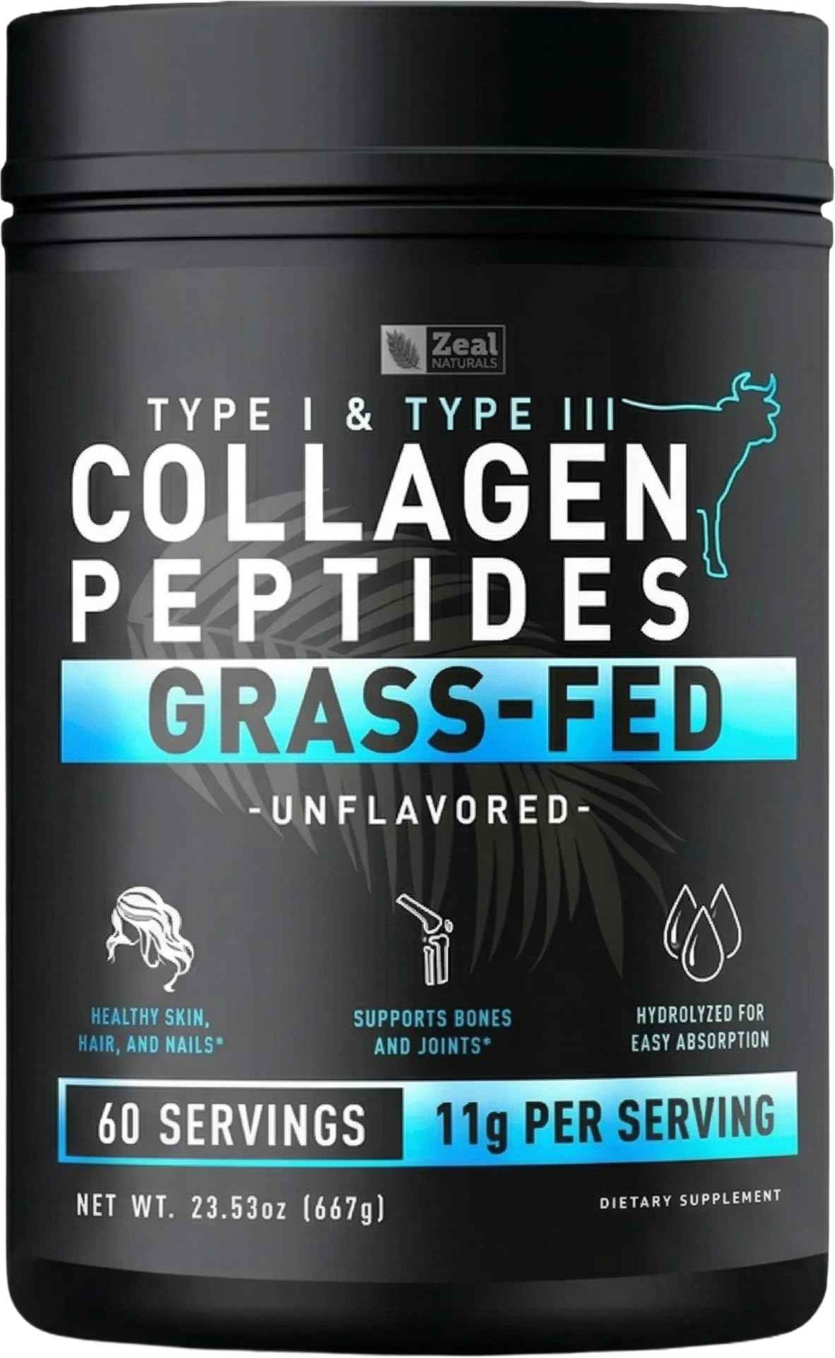Zeal Naturals Hydrolyzed Collagen Peptides Powder, 10g Protein | Grass-Fed Collagen for Women & Men | Essential Amino Acids | Hair, Skin, Nails, Bone Health | 60 Servings, Unflavored, 23.53 oz.