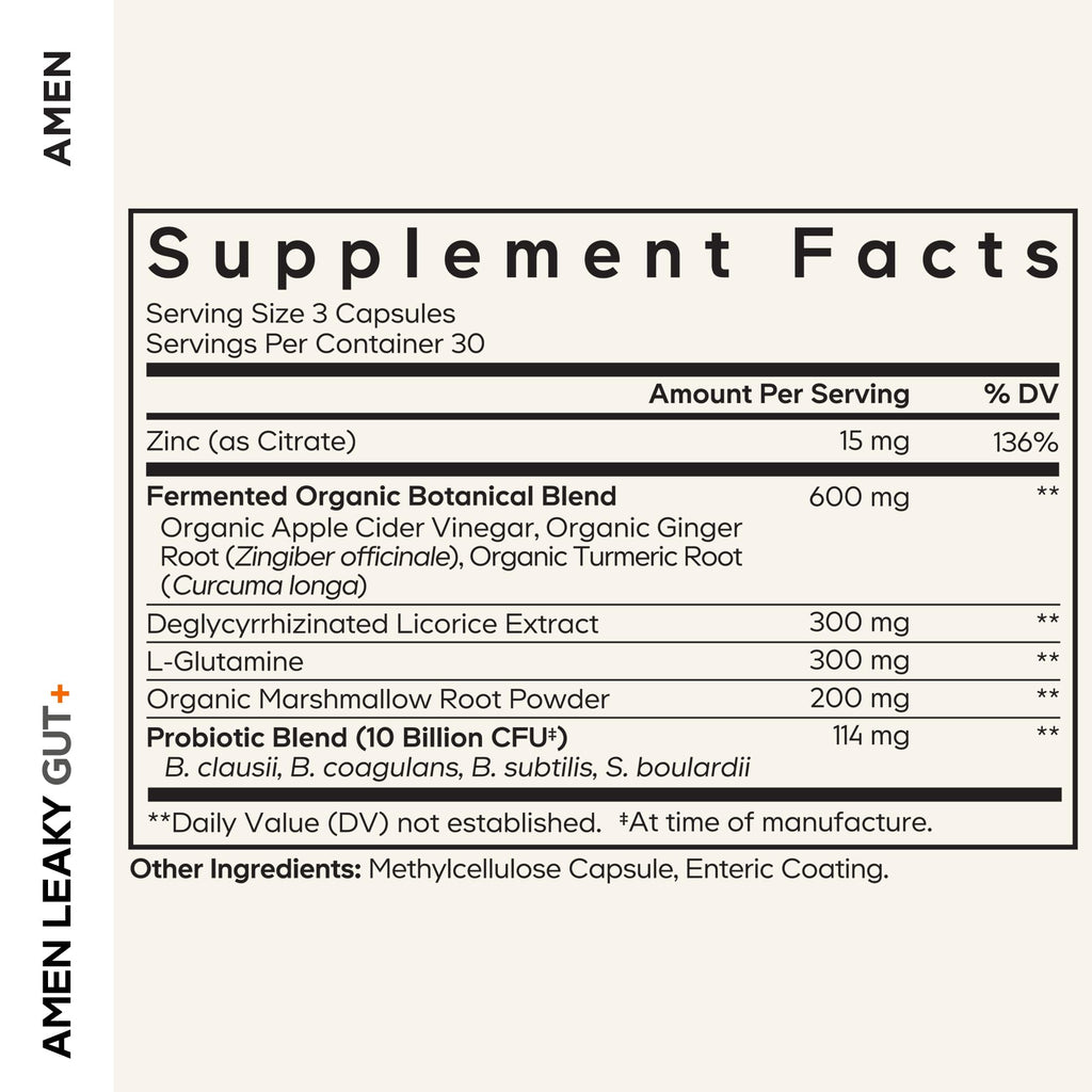 Amen Leaky Gut Supplement - Advanced Formula with Bioavailable L Glutamine, Zinc, Turmeric, DGL Licorice Root - Marshmallow Root - Probiotics & Fermented Prebiotics - Vegan, Non-GMO - 90 Capsules