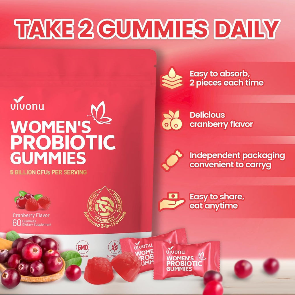 VivoNu Probiotics for Women, Women Probiotic Gummies, 500 Million CFUs, Fiber | Feminine Balance Gummies for Healthy Odour, Digestive Support and Gut Health + Vitamin C for Immune Support - 60 Gummies