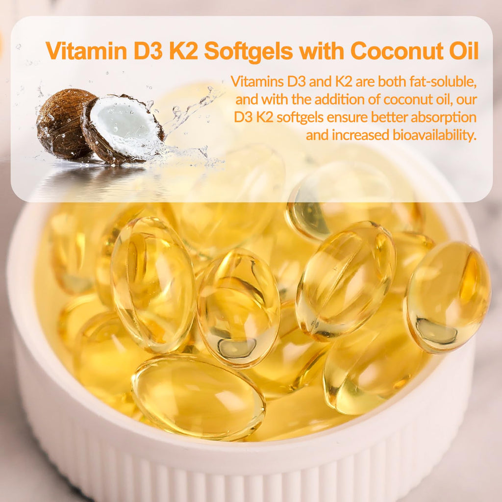Noavfun Vitamin D3 K2 10000 IU Supplement with Coconut Oil, 90 Softgels - High Potency VIT D3 250mcg & K2 MK7 200mcg - Supports Bone, Teeth & Calcium Absorption
