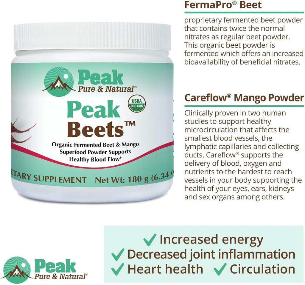 Peak Pure & Natural Peak Organic Fermented Beets - Organic Fermented Beet Powder Superfood Drink Powder - Nitric Oxide Supplement Support for Normal Blood Pressure