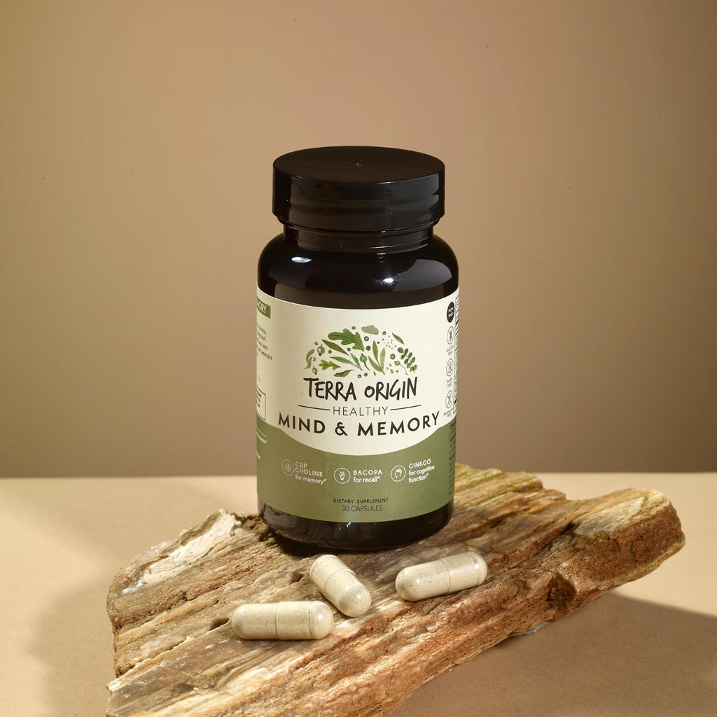TERRA ORIGIN Healthy Mind and Memory Support Supplement | Cognitive Memory Matrix | Nootropic CDP, Bacopa, L-Tyrosine, Huperzine A, Ginko, B12 | Non GMO, Gluten Free, Dairy Free | 30 Capsules