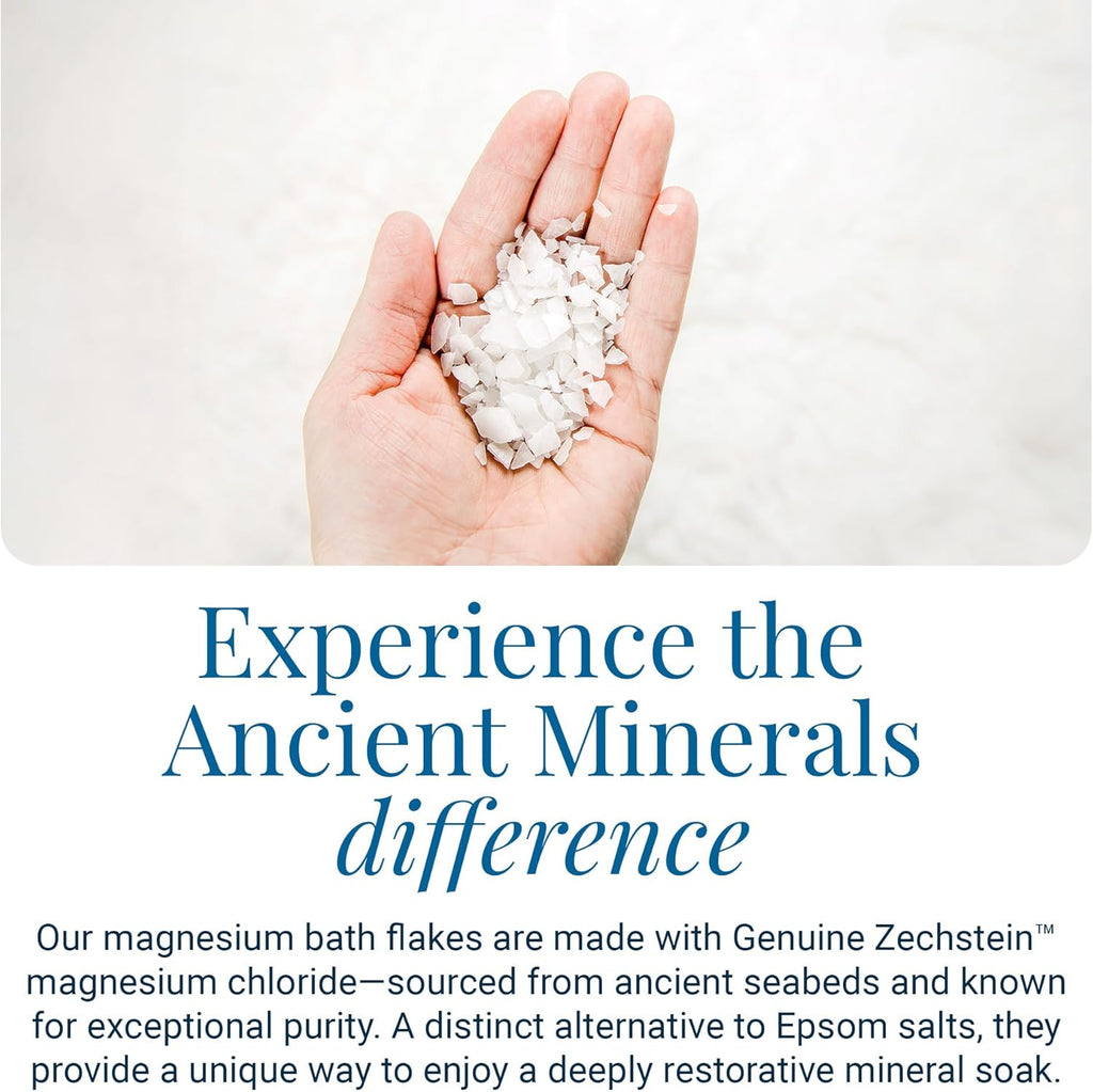 Ancient Minerals Magnesium Bath Flakes, Epsom Salt Alternative, 8lb | Pure Zechstein magnesium chloride flakes for soaking & whole-body replenishment. 8 lb resealable bag.