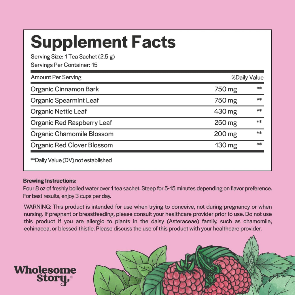 Organic Fertility Tea for Women w Red Raspberry Leaf, Cinnamon Bark, Spearmint & Nettle Leaf, Chamomile & Red Clover | 15 Pyramid Sachet