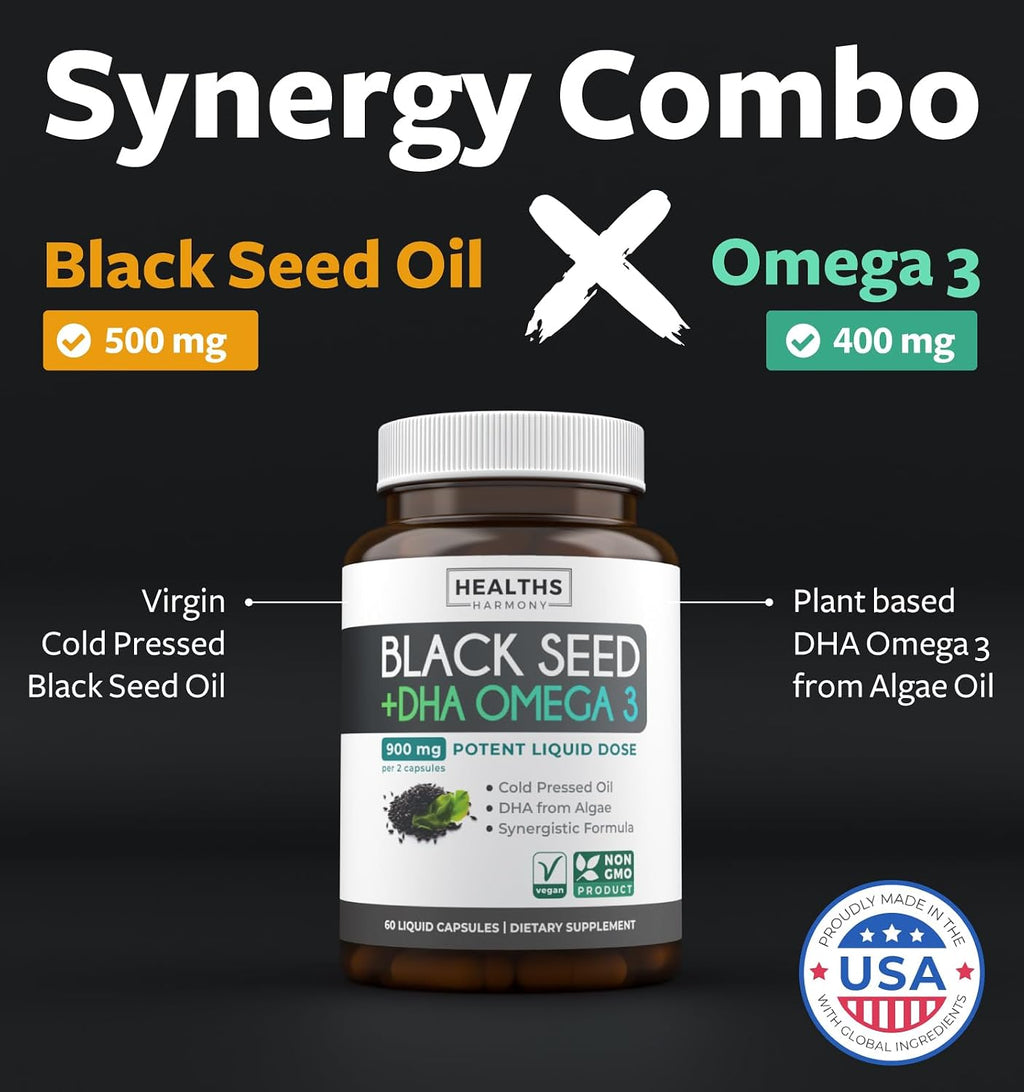 Cold-Pressed Black Seed Oil Capsules - Vegan Non-GMO Nigella Sativa Black Seed Oil Supplement with Omega 3 DHA for Full Body Wellness & Brain Support - Vegan Omega 3 & Thymoquinone-Rich (1 Month)