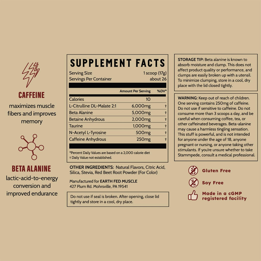 Earth Fed Muscle Stammpede Lemonade Pre Workout, Third-Party Certified. 250mg Caffeine, Lemonade - 5g Beta Alanine, Citrulline Malate, Taurine - Soy Free, Gluten Free - 16 oz, 26 Servings | Third-Party Certified, 250mg Caffeine, 5g Beta Alanine, Citrullin