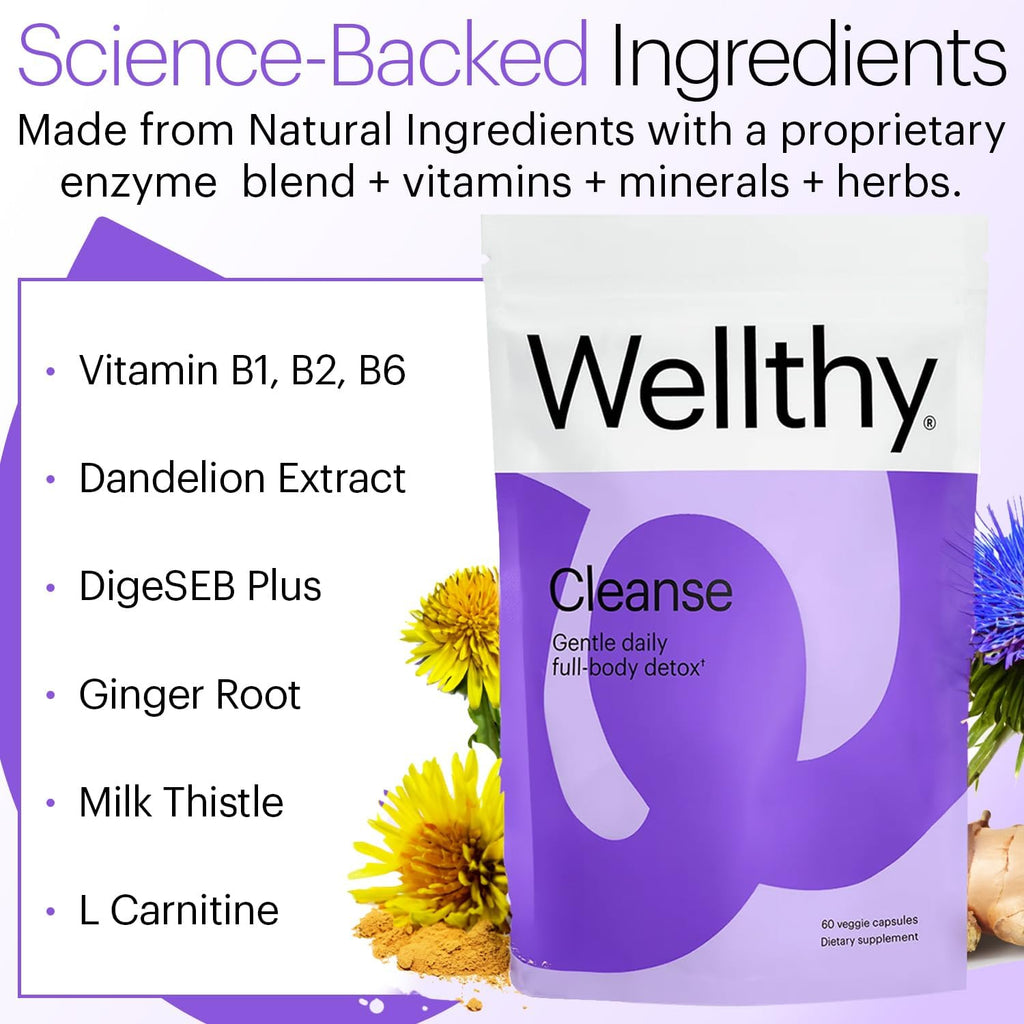 Wellthy Full Body Detox and Immune Support - Advanced Digestive Health, Gut Cleanse and Bloating Relief - All Natural Formula with Milk Thistle, Dandelion Extract and L-Carnitine | 30-Day Supply