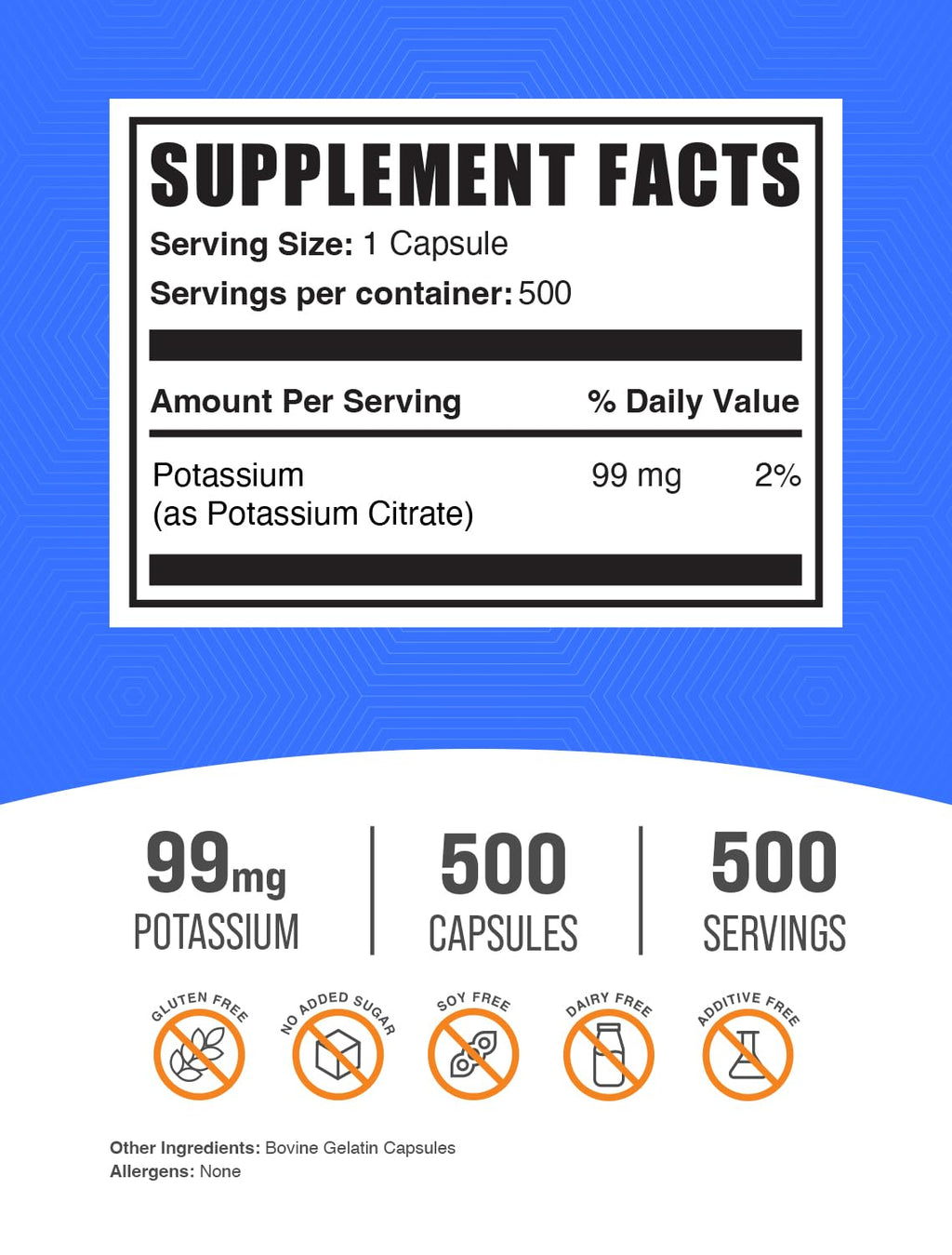 BulkSupplements.com Potassium Citrate Capsules - Mineral Supplement, Potassium Citrate 99mg - Gluten Free, 1 Capsule per Serving, 500 Count (Pack of 1)
