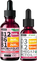 (2-Pack) Vitamin B12 and B6 Methylcobalamin Liquid Drops (Strawberry) with (2-Pack) Vitamin D3 K2 Drops Bundle, B12 5000 mcg Sublingual, D3 5000 IU with MCT Oil and Omega 3 (Strawberry) 2 Fl Oz