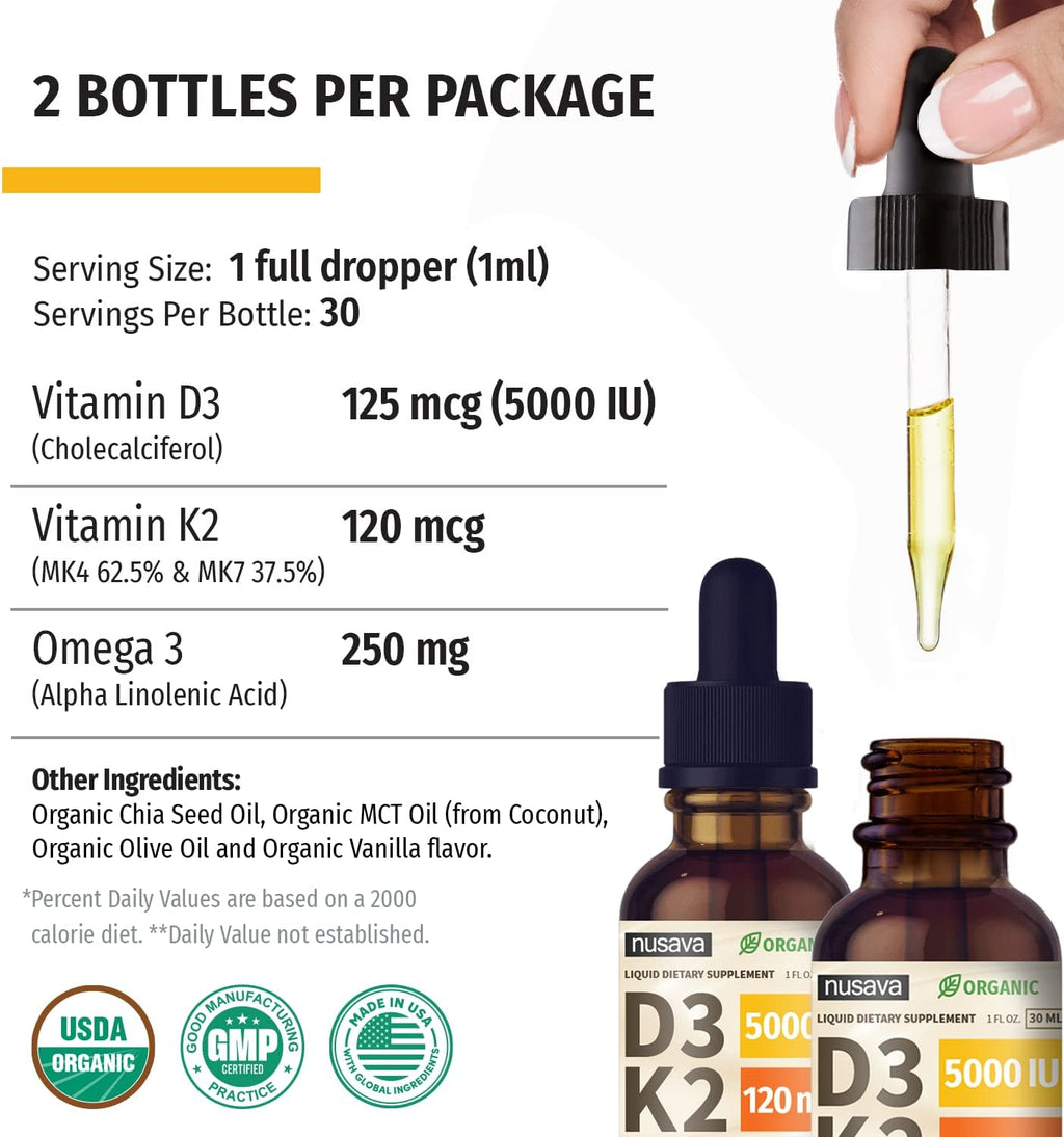 NUSAVA Vitamin B12 Liquid Drops, Strawberry Flavored D3 K2 & Vanilla Flavored D3 K2 Bundle — Daily Wellness Liquid Vitamins for Energy & Immune Support — Non-GMO, Gluten-Free, 2pk Each