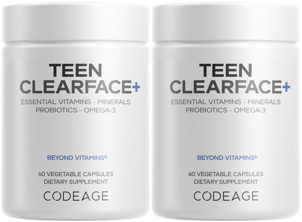 Codeage Teen Clearface Adolescent Face, Skin & Pimples, Vitamins A, C, D3, E, Pantothenic Acid, Niacin, Zinc Supplement Teenagers, Probiotics, L-Lysine, Omega-3, Oily Skin, Pores, Spots - 60 Capsules