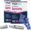 TRUEplus Lancets Bundle (30G), 200 Lancets, Lancing Device, Log Book | Blood Glucose Testing Supplies for Home Use, Includes 200 Sterile 30G Lancets (2 x 100ct), Lancing Device, Log Book