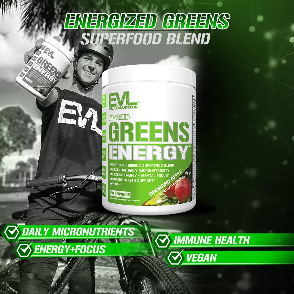 Evlution Greens and Superfoods Energy Drink Powder - EVL Super Greens Powder Smoothie Mix with Caffeine Spirulina Chlorella and Wheat Grass - Vegan - for Energy Focus and Immunity