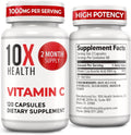 10X Health Vitamin C 1000mg - 120 Capsules | Ascorbic Acid: 1000mg Vitamin C, Immunity & Collagen Support, Non-GMO, 120ct