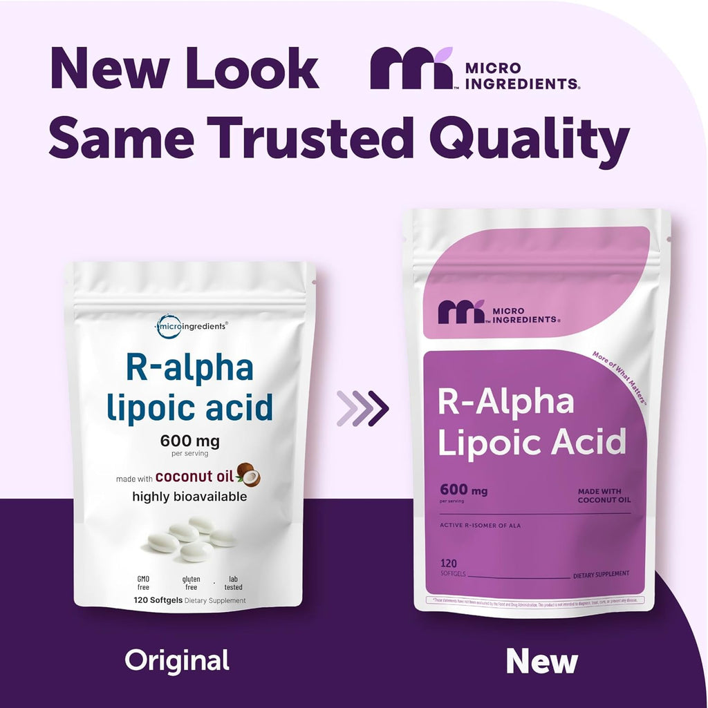 Micro Ingredients R Alpha Lipoic Acid 600 mg Per Serving, 120 Softgels | Active R-Isomer with Coconut Oil | ALA Supplement | Non-GMO, Gluten Free, No Soy