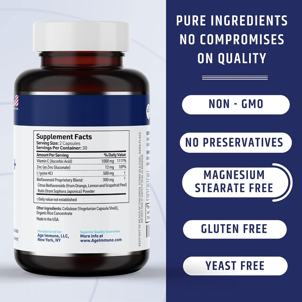 AgeImmune Vitamin C 1000mg Complex with L-Lysine 500mg, Zinc 12mg, Bioflavonoids 300mg. Doctor Formulated Magnesium Stearate Free Supplements for Healthy Immune System Support.(1)