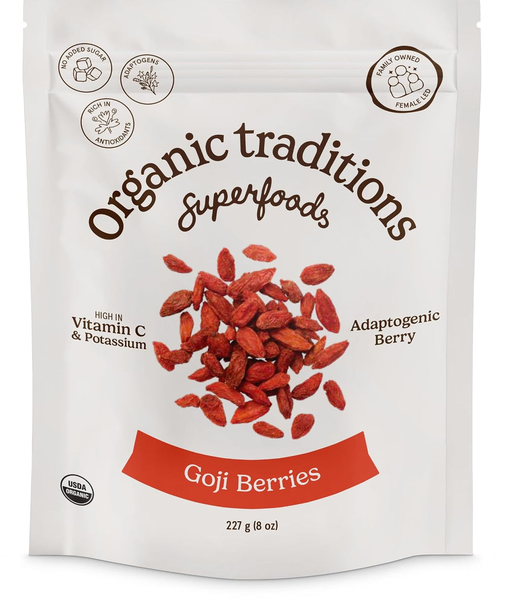 Organic Traditions Goji Berries, Organic Dried Whole Superfruit, Naturally Sweet Berry Flavor With Vitamins, Minerals And Antioxidants, Superfood and Snack For Tea,And Everyday Recipes, 227g / 8oz